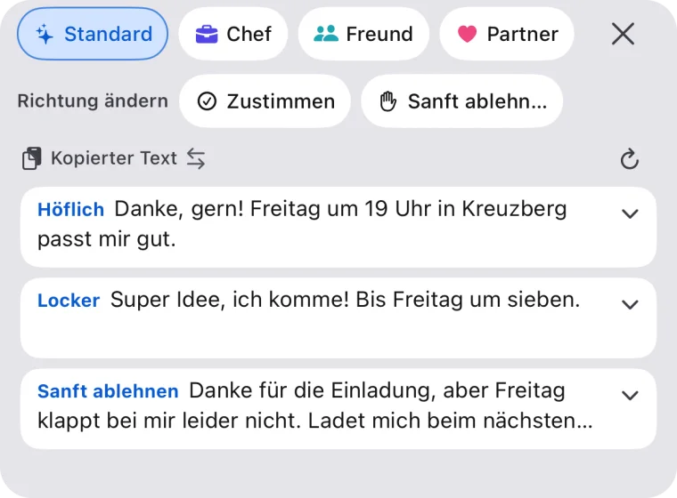 Drei Antworten aus kopiertem Text