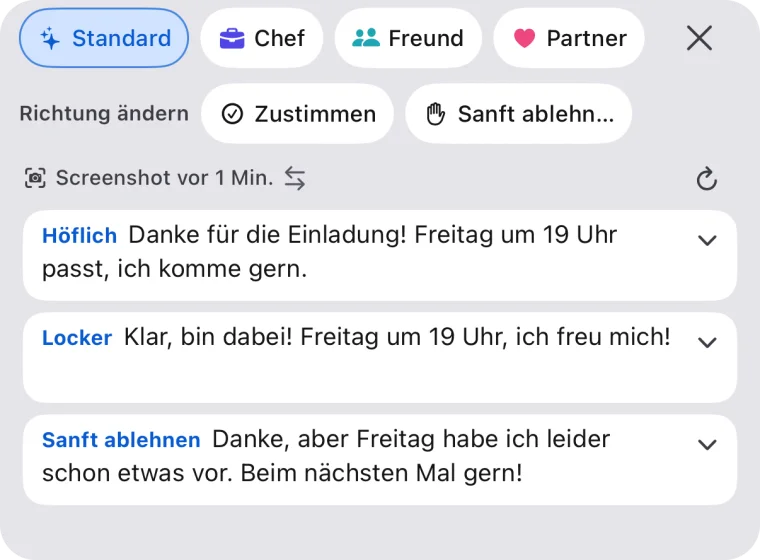 Ein Tipp auf ✦ in der Tastatur zeigt drei Antworten auf einem Bildschirm