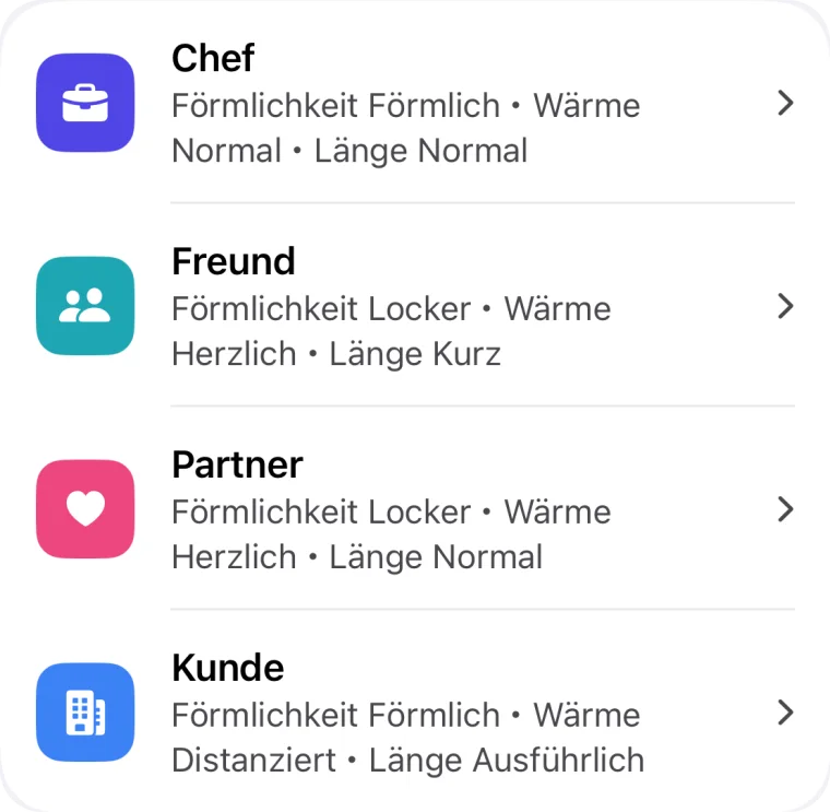 Liste der Personen-Profile (Chef, Freund, Partner, Kunde) mit ihren Schreibstilen