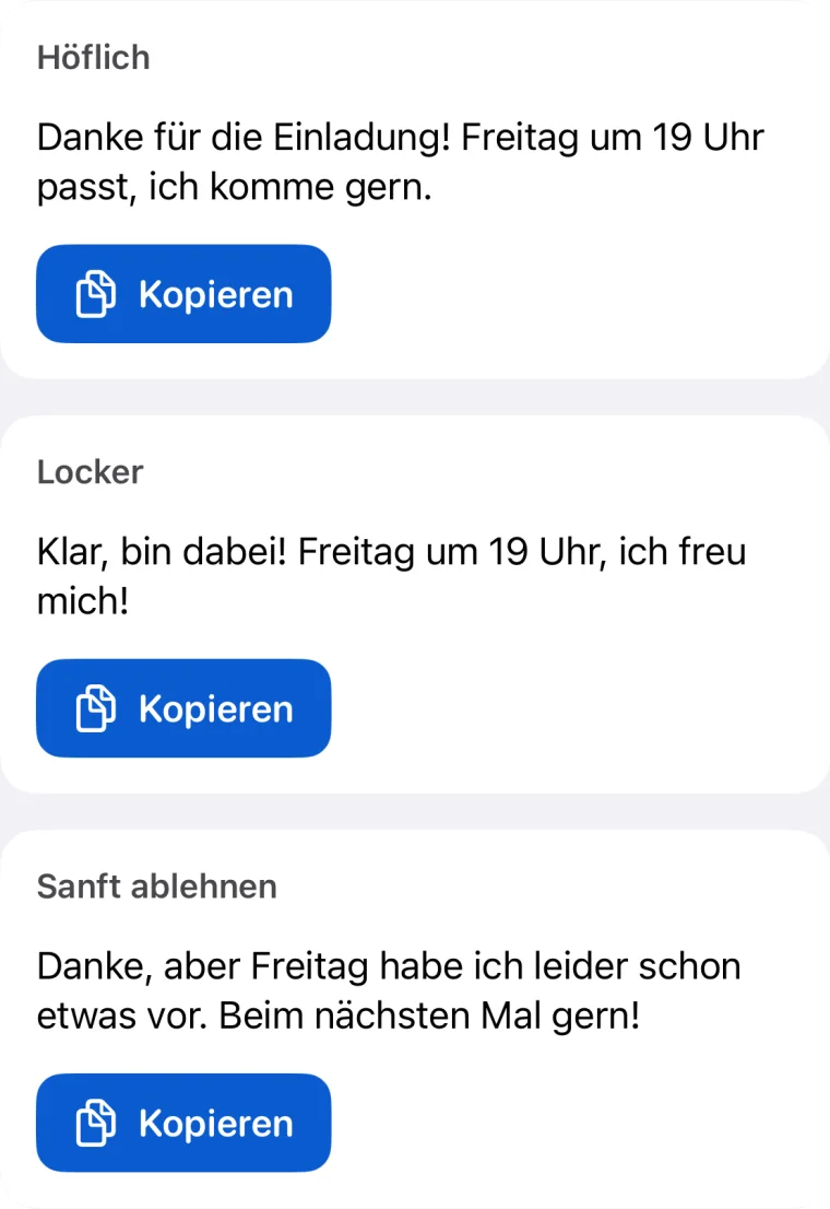Ergebnisbildschirm von Morphy mit drei Antwortvorschlägen