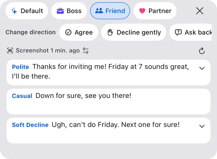 Three replies with the Friend preset