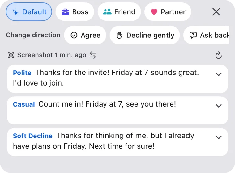 Tap ✦ on the keyboard and three replies appear on one screen