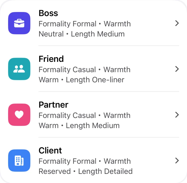 The list of people presets (Boss, Friend, Partner, Client) with their writing styles