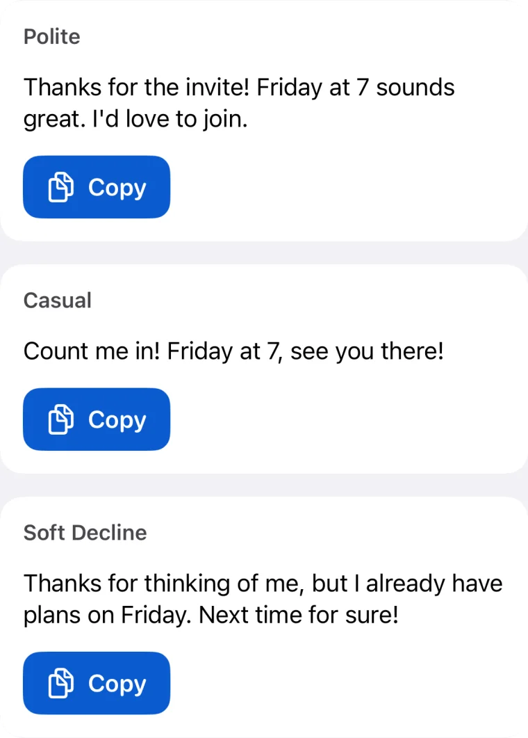 Morphy’s result screen with three reply suggestions: Polite, Casual and Soft Decline