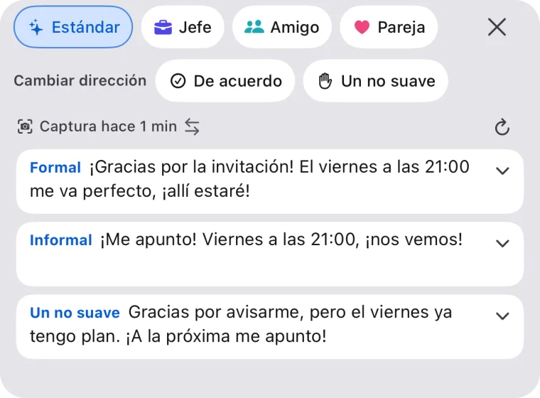 Un toque en ✦ del teclado muestra tres respuestas en una pantalla
