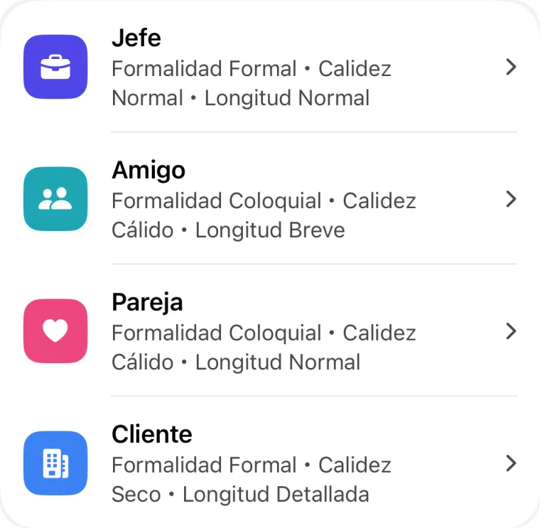 Lista de perfiles de personas (Jefe, Amigo, Pareja, Cliente) con sus estilos de escritura