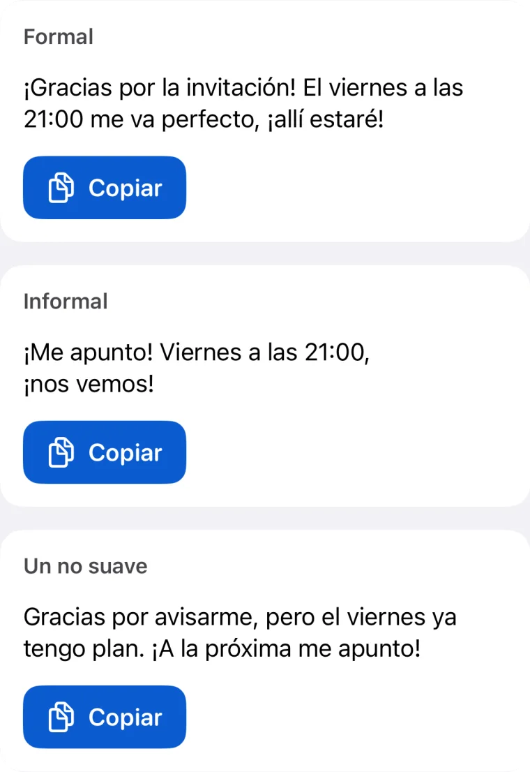 Pantalla de resultados de Morphy con tres respuestas sugeridas