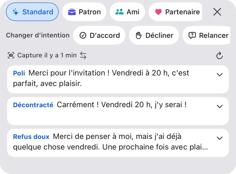 Une touche sur ✦ du clavier affiche trois réponses sur un seul écran