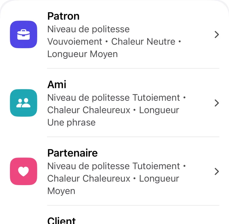 Liste des profils de personnes (Patron, Ami, Partenaire, Client) et leurs styles d’écriture