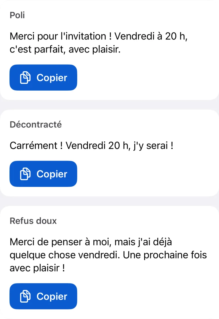Écran de résultats de Morphy avec trois réponses proposées