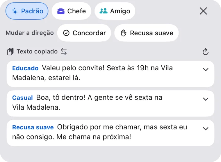 Três respostas escritas a partir de texto copiado