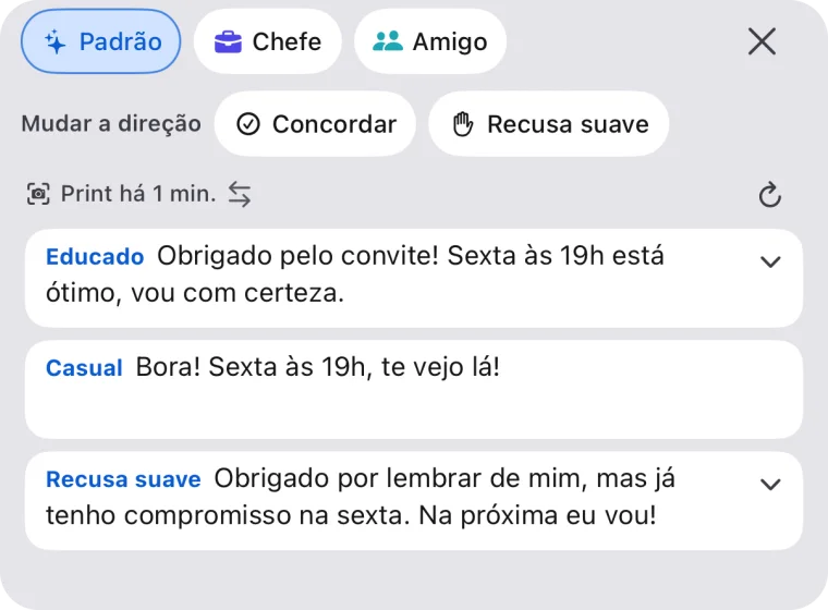 Um toque em ✦ no teclado mostra três respostas em uma tela