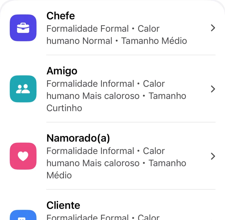 Lista de perfis de pessoas (Chefe, Amigo, Namorado(a), Cliente) com seus estilos de escrita
