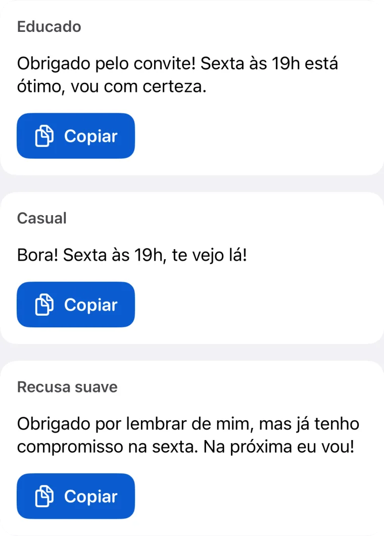 Tela de resultados do Morphy com três respostas sugeridas